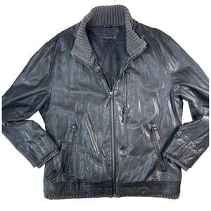 Vince Camuto Mens Size XXL Black Faux Leather Bomber Jacket Lined Grey Rib Trim